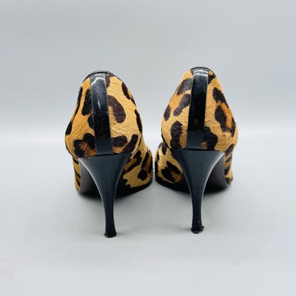 Stuart Weitzman Shoes Womens 5.5 Brown Calf Hair Leather Pumps Leopard Peep Toe - Picture 6 of 12